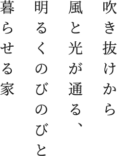 吹き抜けから風と光が通る、明るくのびのびと暮らせる家