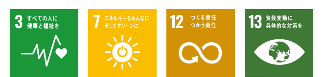 3 すべての人に健康と福祉を 7 エネルギーをみんなにそしてクリーンに 12 つくる責任つかう責任 13 気候変動に具体的な対策を