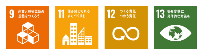 9 産業と技術革新の基盤をつくろう 11 住み続けられるまちづくりを 12 つくる責任つかう責任 13 気候変動に具体的な対策を