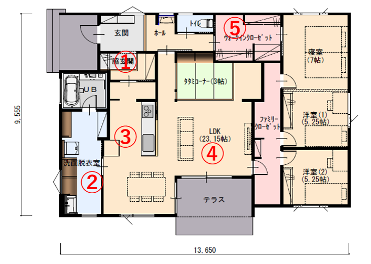 テラスのある開放的な平屋の家