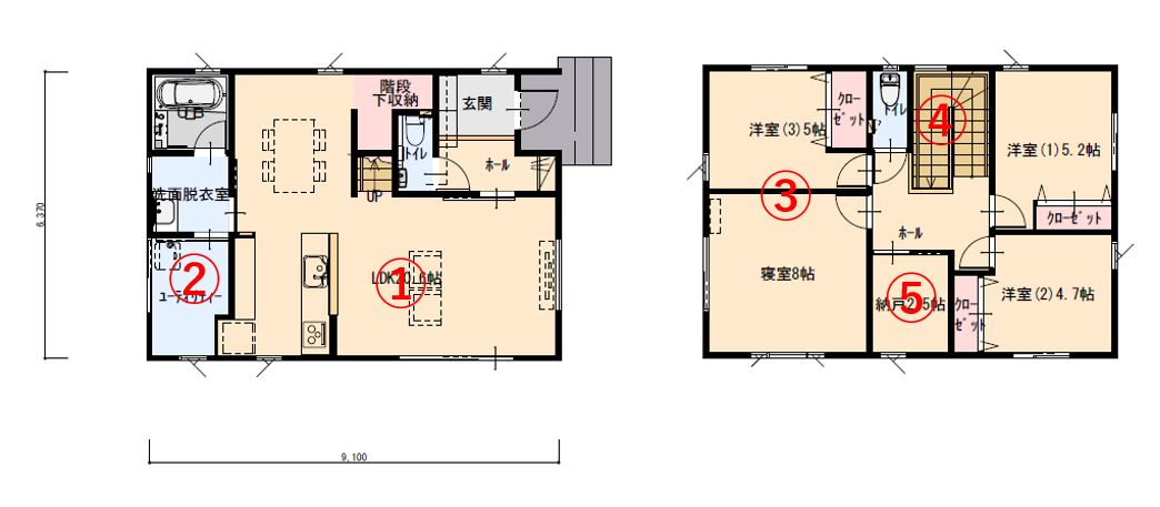 広々空間のリビング、ダイニングのある家