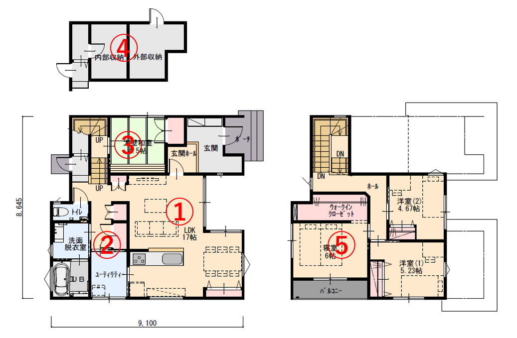 スキップ和室と充実収納で使い勝手抜群の家