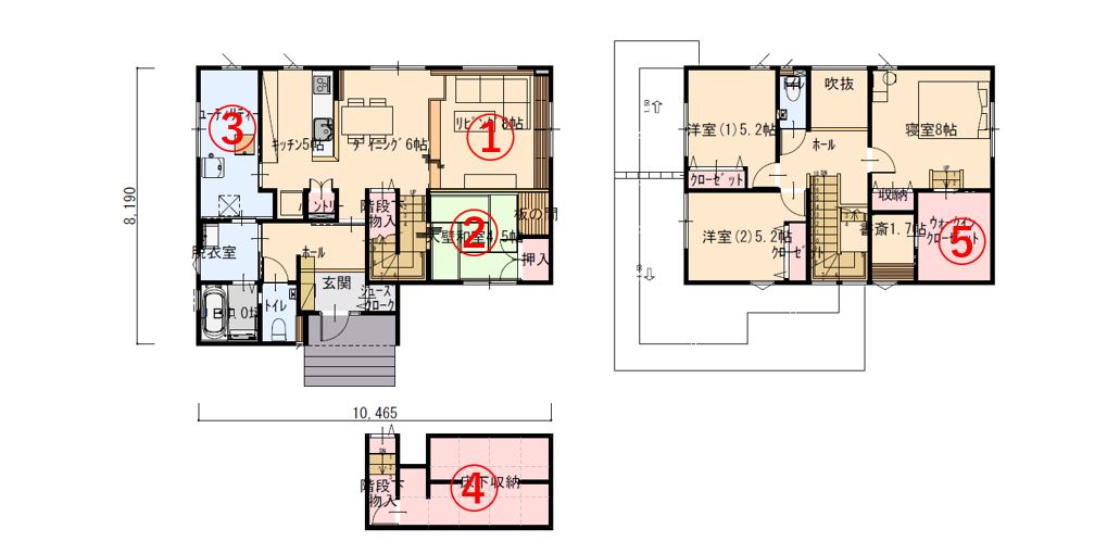 スキップダウンリビングが特徴的な開放的な家